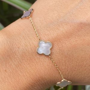 Italian 14K Gold Inlay Mother of Pearl Clover Station Bracelet